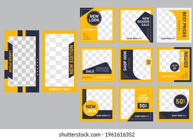 Set of Editable minimal square banner template. Suitable for social media post and web internet ads. Black and yellow background colour with stripe line shape