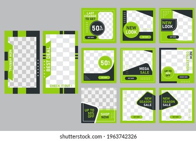 Conjunto de plantilla de banner cuadrado mínimo editable. Adecuado para publicaciones en medios sociales. Color de fondo negro y verde con forma de línea de rayas. 