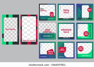 Conjunto de plantilla de banner cuadrado mínimo editable. Adecuado para publicaciones en medios sociales y anuncios en internet. color de fondo degradado con forma de línea de banda.  