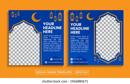 Set up an editable minimal square banner template. Blue background color with striped outline. Suitable for social media posts and internet web advertising. Ramadan theme.