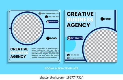 Conjunto de plantilla de banner cuadrado mínimo editable. Color de fondo azul con forma de línea de rayas. Adecuado para publicaciones en medios sociales y anuncios en internet.