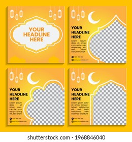 Set of editable minimal square banner templates. Yellow background color with striped shape. Suitable for social media posts and web internet advertising.