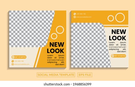 Set of editable minimal square banner templates. Yellow background color with striped shape. Suitable for social media posts and web internet advertising.