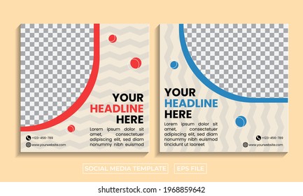 Conjunto de plantillas de banner cuadradas mínimas editables. Color de fondo azul y rojo con forma rayada. Adecuado para publicaciones en medios sociales y publicidad en internet.