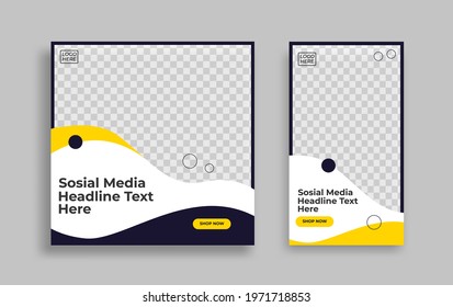 Set of Editable minimal square banner template. Blue yellow white background color with geometric shapes for social media post and web internet ads. Vector illustration