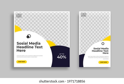 Set of Editable minimal square banner template. Blue yellow white background color with geometric shapes for social media post and web internet ads. Vector illustration