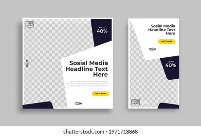 Set of Editable minimal square banner template. Blue yellow white background color with geometric shapes for social media post and web internet ads. Vector illustration