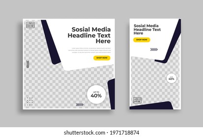 Set of Editable minimal square banner template. Blue yellow white background color with geometric shapes for social media post and web internet ads. Vector illustration