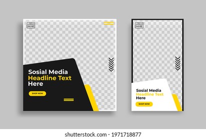 Set of Editable minimal square banner template. Blue yellow white background color with geometric shapes for social media post and web internet ads. Vector illustration