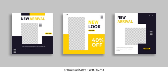 Set of Editable minimal square banner template. Blue yellow white background color with geometric shapes for social media post and web internet ads. Vector illustration