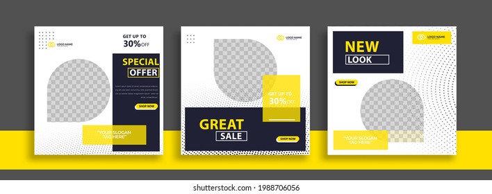 Conjunto de plantilla de banner cuadrado mínimo editable. Color de fondo blanco amarillo negro con formas geométricas para publicaciones en medios sociales y anuncios en Internet. Ilustración del vector