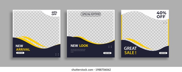 Set of Editable minimal square banner template. Black yellow white background color with geometric shapes for social media post and web internet ads. Vector illustration