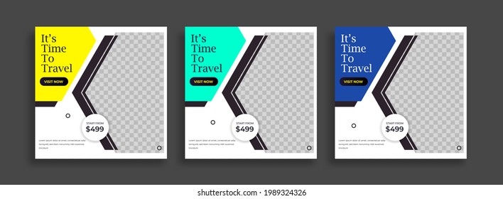 Set of Editable minimal square banner template. Blue yellow white background color with geometric shapes for social media post and web internet ads. Vector.