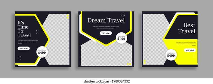 Set of Editable minimal square banner template. Blue yellow white background color with geometric shapes for social media post and web internet ads. Vector.