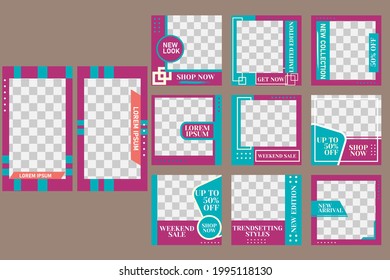 Set of Editable minimal square banner template. blue and purple background color with stripe line shape. Suitable for social media post and web internet ads
