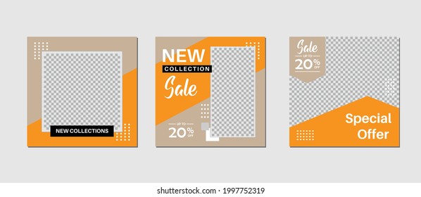 Set of Editable minimal square banner template. Black and white background color with geometric shapes for social media post and web internet ads. Vector illustration