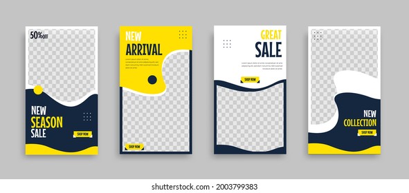 Set of Editable minimal square banner template. Blue yellow white background color with geometric shapes for social media post, story and web internet ads. Vector illustration