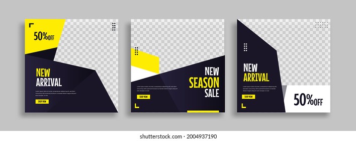 Set of Editable minimal square banner template. Blue yellow white background color with geometric shapes for social media post and web internet ads. Vector illustration