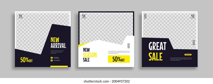 Set of Editable minimal square banner template. Blue yellow white background color with geometric shapes for social media post and web internet ads. Vector illustration