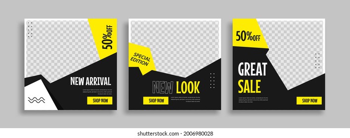 Set of Editable minimal square banner template. Blue yellow white background color with geometric shapes for social media post and web internet ads. Vector illustration