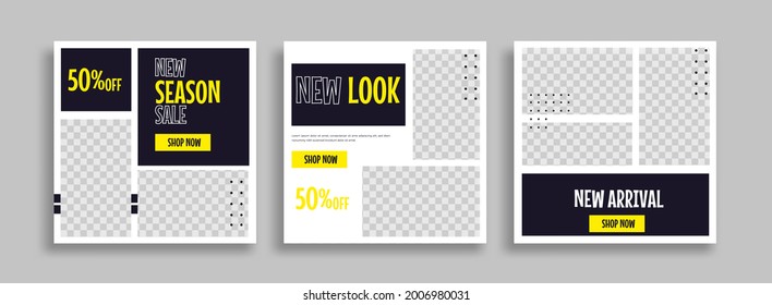 Set of Editable minimal square banner template. Blue yellow white background color with geometric shapes for social media post and web internet ads. Vector illustration