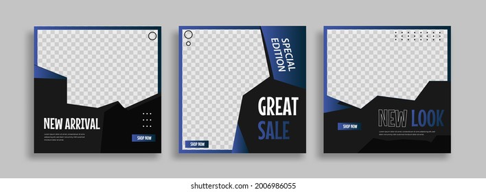 Set of Editable minimal square banner template. 
Blur and black background color with geometric shapes for social media post and web internet ads. Vector illustration