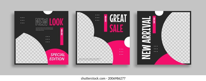 Set of Editable minimal square banner template.  Red and black background color with geometric shapes for social media post and web internet ads. Vector illustration