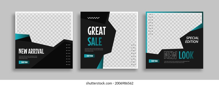 Set of Editable minimal square banner template.  blue and black background color with geometric shapes for social media post and web internet ads. Vector illustration