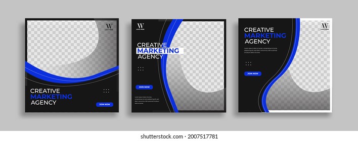  Conjunto de plantilla de banner cuadrado mínimo editable. Color de fondo negro y azul con forma de línea de banda. Adecuado para publicaciones en medios sociales y anuncios en internet. Ilustración vectorial con colegio fotográfico