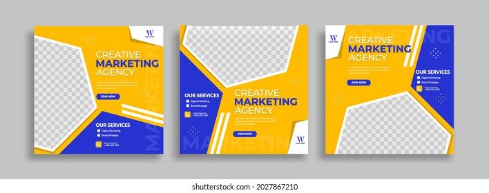 Conjunto de plantilla de banner cuadrado mínimo editable. Color del fondo blanco amarillo azul con formas geométricas para publicaciones en medios sociales y anuncios en Internet. Ilustración del vector