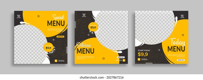 Conjunto de plantilla de banner cuadrado mínimo editable. Color del fondo blanco amarillo azul con formas geométricas para publicaciones en medios sociales y anuncios en Internet. Ilustración del vector