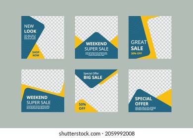 Set of Editable minimal square banner template. Blue and yellow background color with stripe line shape. Suitable for social media post and web internet ads