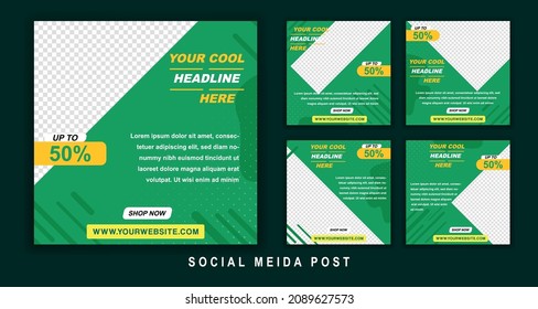 Set of editable minimal square banner template. Striped line shape green and yellow background color. Suitable for social media posts and internet ads. Vector illustration with photographic college