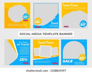 Set of Editable minimal square banner template. Orange and Blue background color with shape. Suitable for social media post and web ads. Modern promotion square banner. Eps 10