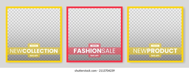 Set of Editable minimal square banner template with space for the image. For social media posts and web ads. Modern social media advertising square banner. Yellow and red color.