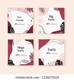 set of editable minimal square banner template for a post. pink turquoise background color with abstract elements, plants. Suitable for social media posts and online advertising. Vector illustration