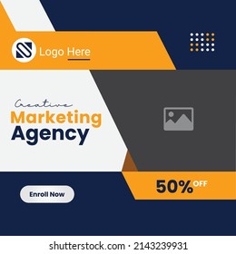 Conjunto de plantilla de banner cuadrado mínimo editable. Color del fondo blanco amarillo azul con formas geométricas para publicaciones en medios sociales y anuncios en Internet. Ilustración del vector