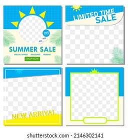 Set of editable minimal square banner template. Summer sale background with sun and palm elements. For social media post, web, digital, internet ads. Vector illustration. Isolated on white background
