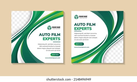 Set of Editable minimal square banner template. white background background with curve green shape. Suitable for social media post, car film expert and web internet ads. Vector illustration with photo