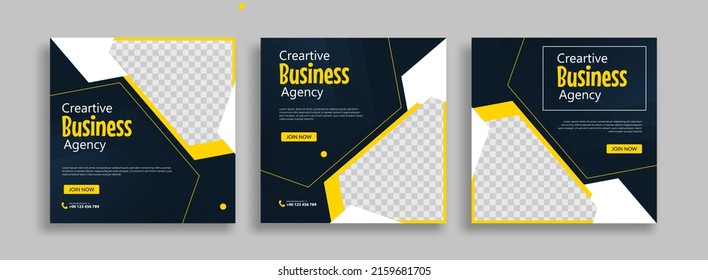 Set of Editable minimal square banner template. Blue yellow white background color with geometric shapes for social media post, story and web internet ads. Vector illustration
