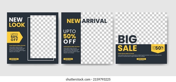 Conjunto de plantilla de banner cuadrado mínimo editable. Adecuado para publicaciones en medios sociales y anuncios en internet. fondo de color negro y amarillo.