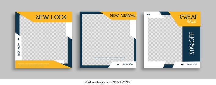 Set of Editable minimal square banner template. Blue yellow white background color with geometric shapes for social media post and web internet ads. Vector illustration