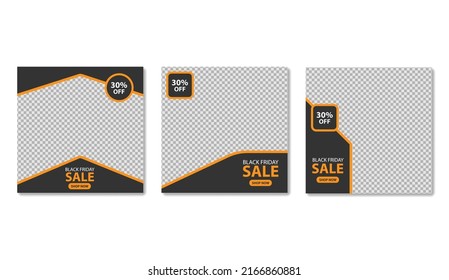 Set of editable minimal square banner template. Black and orange background color with shape. Suitable for social media post and web ads. Vector illustration