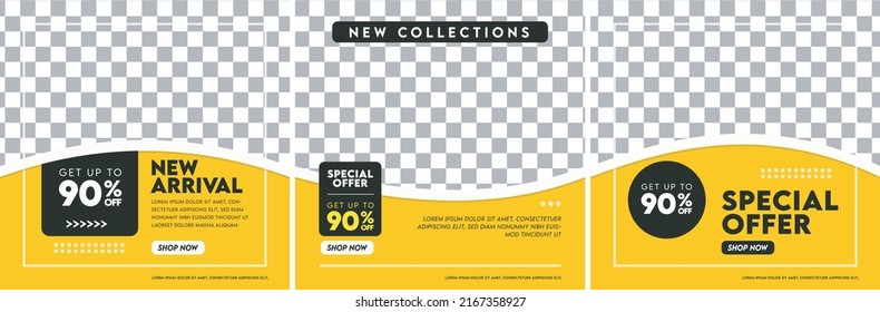 Set of Editable minimal square banner template. Black and yellow background color with stripe line shape. Suitable for social media post and web internet ads. Vector illustration with photo college