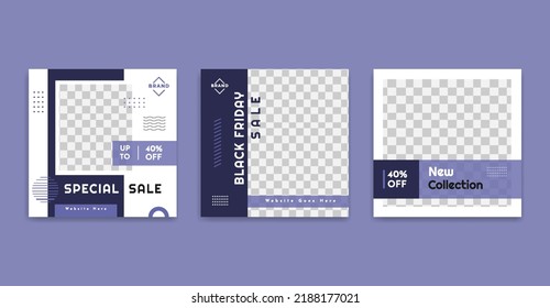 Conjunto de plantilla de banner cuadrado mínimo editable. Color de fondo púrpura con forma. Adecuado para publicaciones en medios sociales y anuncios web. Pancarta moderna de promoción cuadrada.