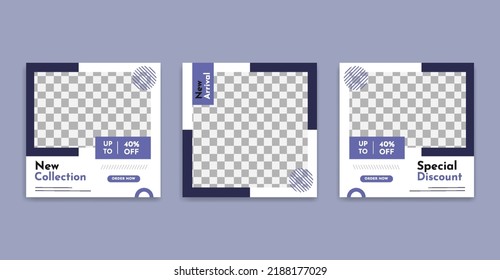 Set of Editable minimal square banner template. Purple background color with shape. Suitable for social media post and web ads. Modern promotion square banner.