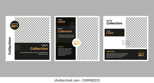 Set of Editable minimal square banner template. Black yellow white background color with geometric shapes for social media post and web internet ads. Vector illustration