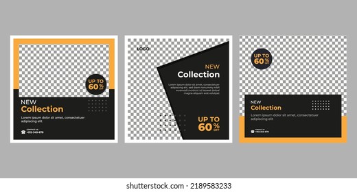 Set of Editable minimal square banner template. Black yellow white background color with geometric shapes for social media post and web internet ads. Vector illustration