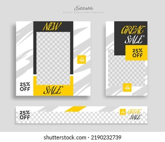 Set of Editable minimal square banner template. Blue yellow white background color with geometric shapes for social media post, story and web internet ads. Vector illustration	