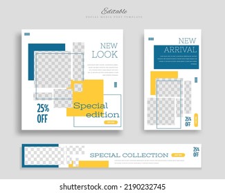 Conjunto de plantilla de banner cuadrado mínimo editable. Color de fondo blanco amarillo azul con formas geométricas para publicaciones en medios sociales, historias y anuncios en Internet. Ilustración del vector	